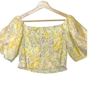 H&M Floral Smocked Crop Top Womens M Yellow Cottagecore Milkmaid Prairie‎ NWT